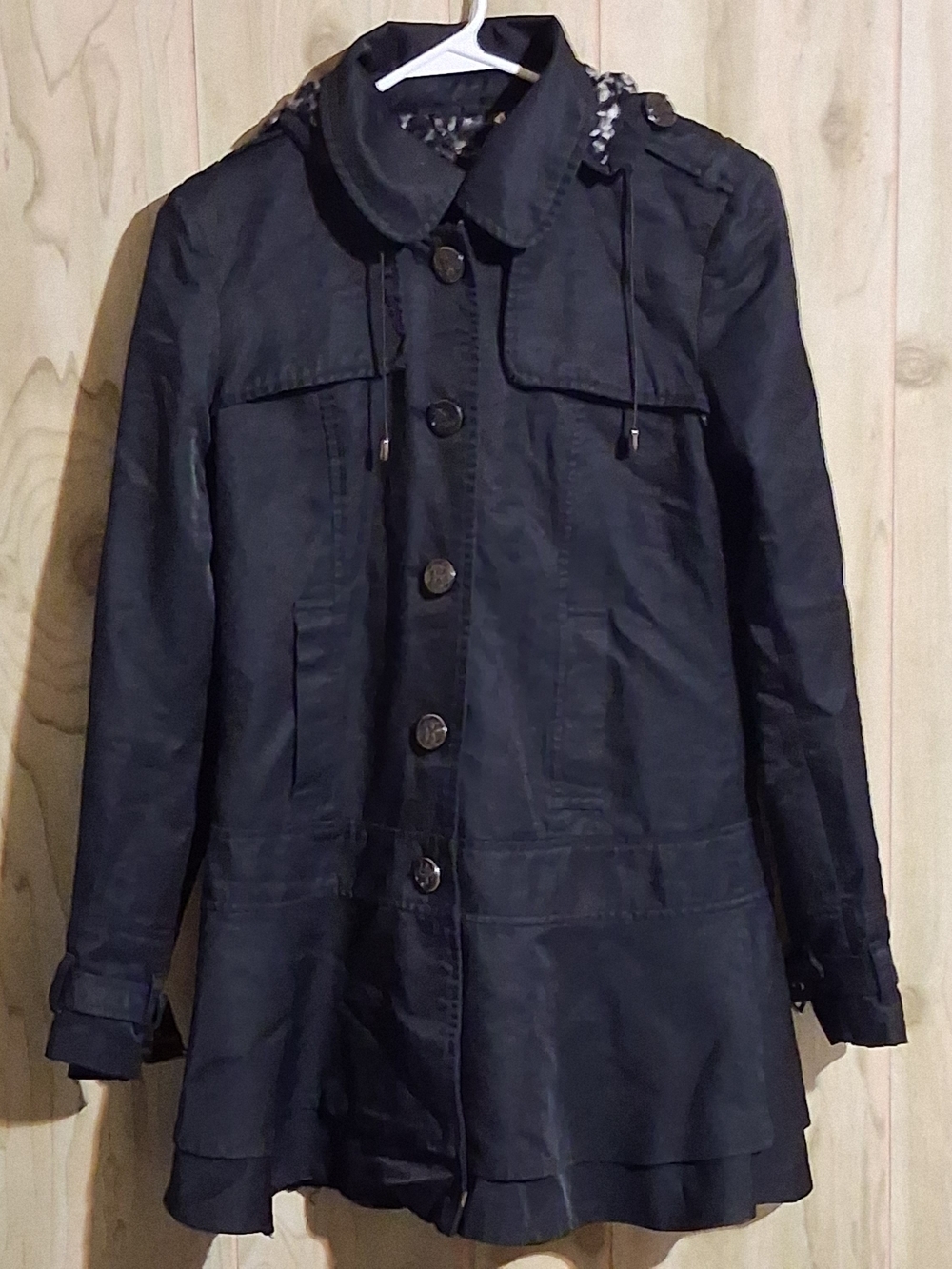Guess Black Women's Button-Front Mid Length Trench with Hood M